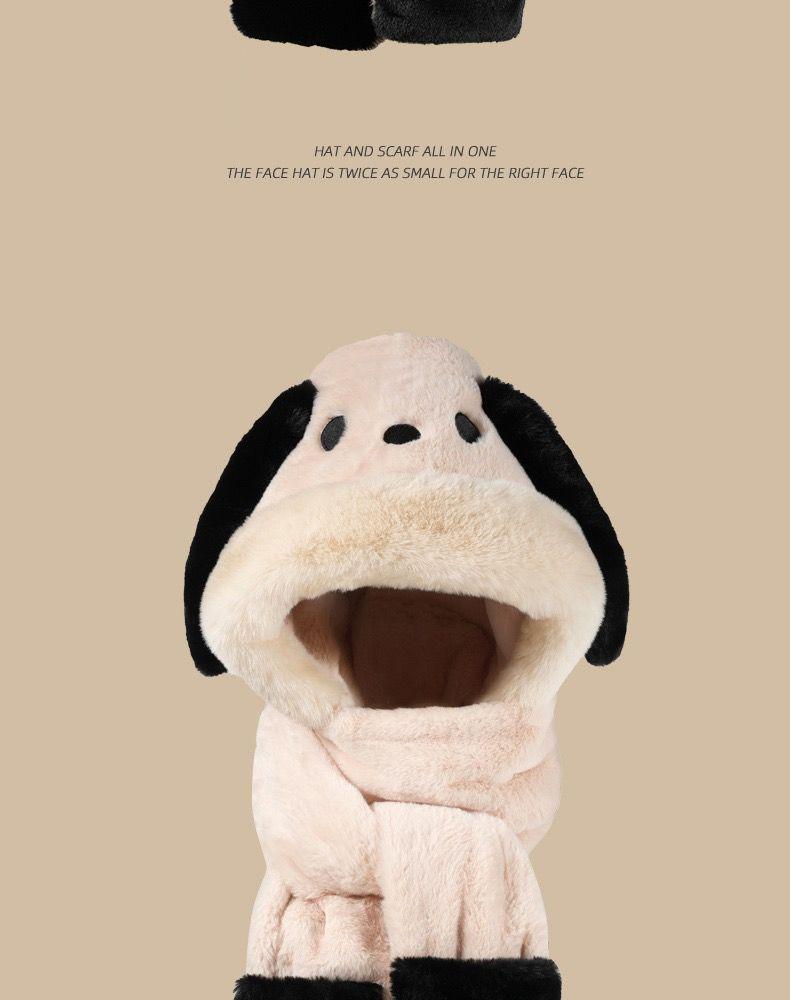 Women's Cute Bear Plush Hooded Snood with Warm Gloves and Scarf Set