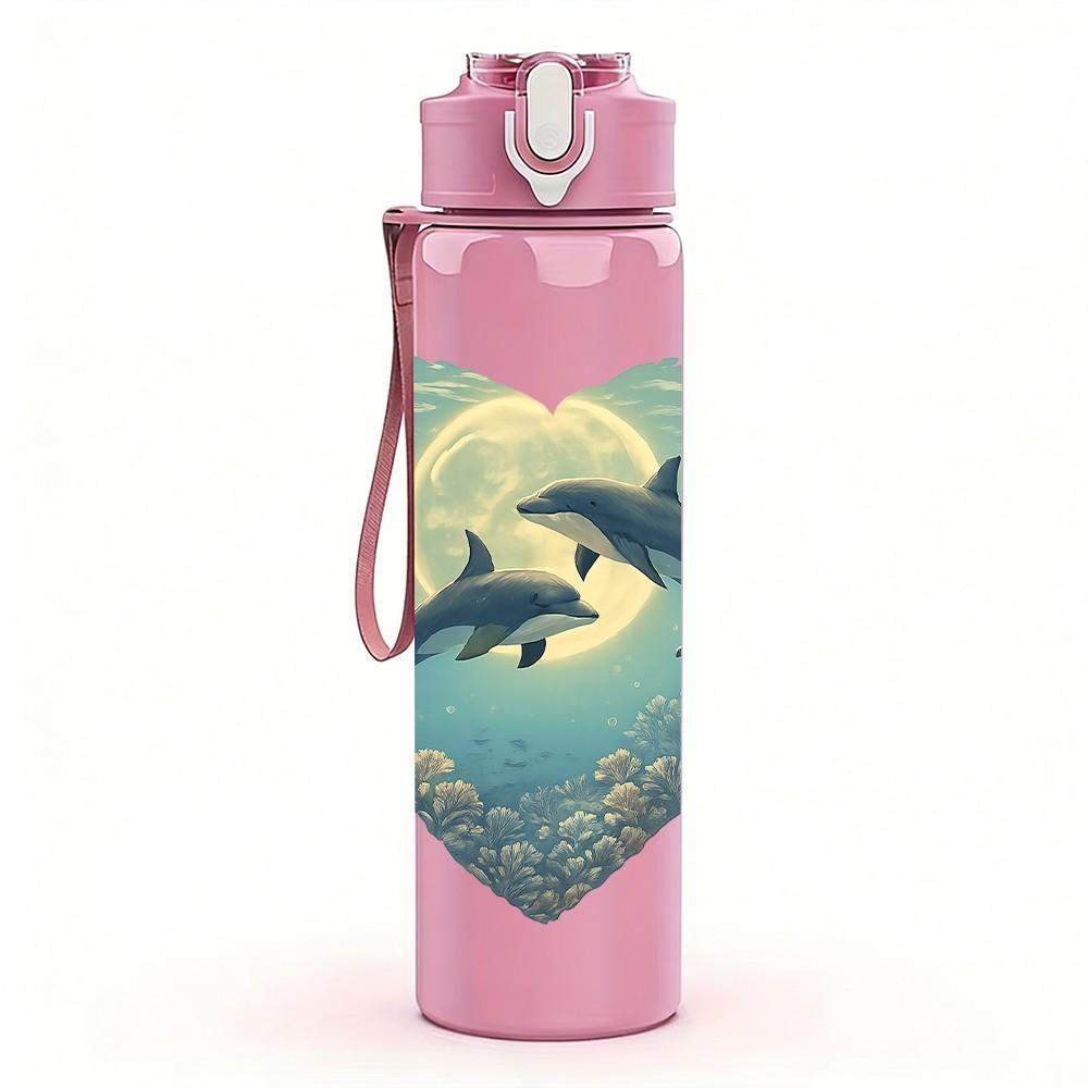 1PC Heart Dolphin Ocean Night Art 750ml Color Plastic Sports Water Bottle Leakproof Flip Straw Lid Suitable for Sports Office Home Use