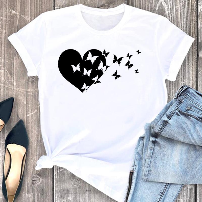 Женская футболка с принтом, летняя модная футболка с надписью Love Heart Butterfly, милая трендовая женская футболка, футболка с коротким рукавом и графикой