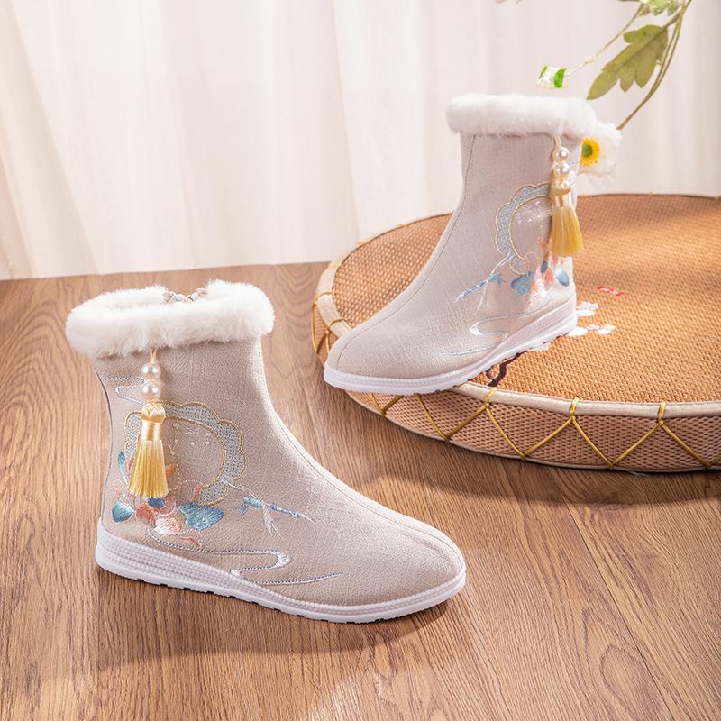 Мода 2025 Осень Этнический Стиль Холст Вышивка Сапоги Внутреннее Увеличение Высоты Теплые Сапоги Зимняя Обувь для Женщин До середины икры Снежные Боты