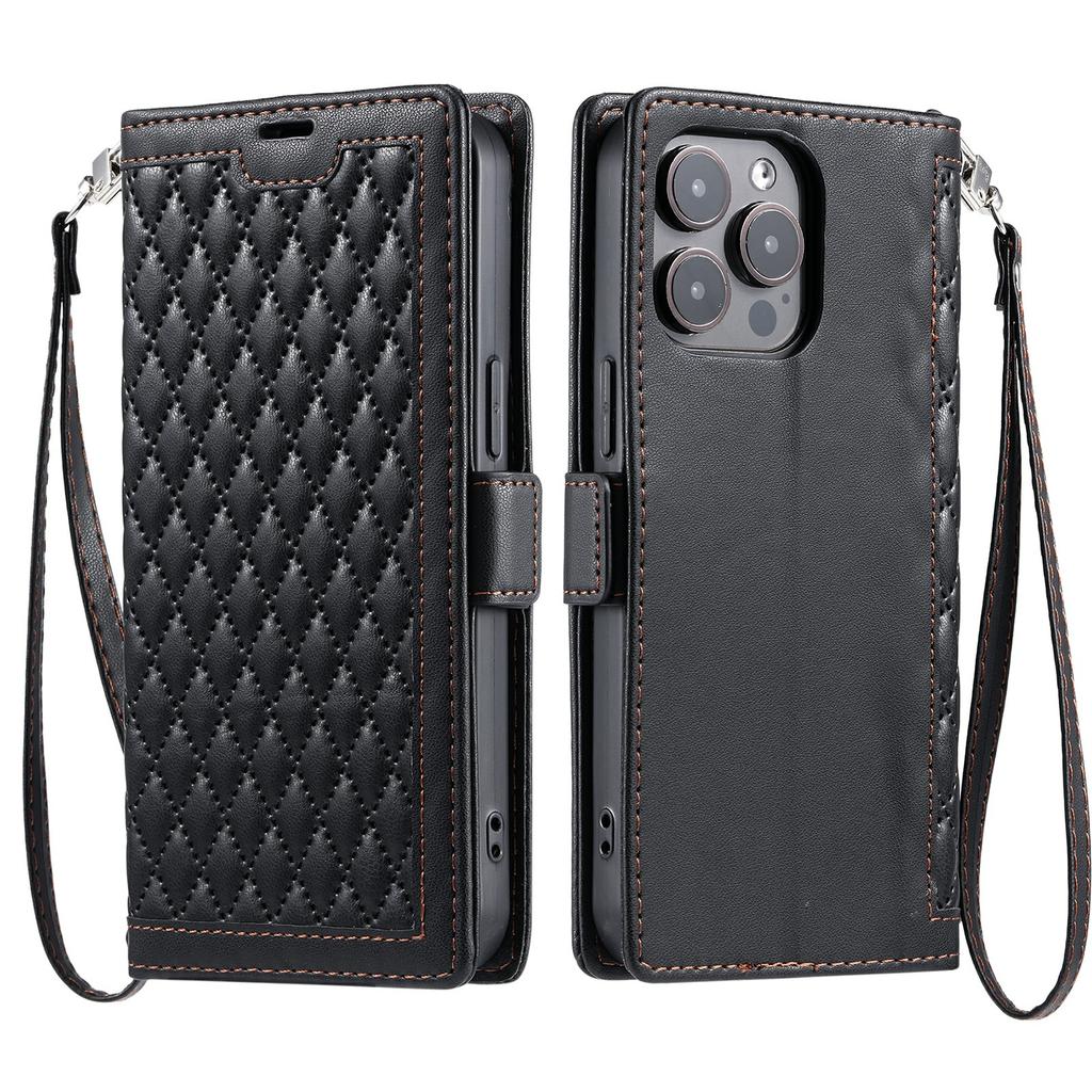 For iPhone 16 Pro Leather Case Rhombus Texture Wallet Stand Phone Cover with Wrist Strap