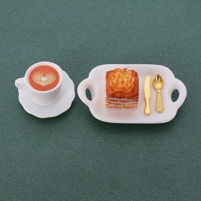 1 Set 1:12 Dollhouse Miniature Coffee Cup Cake Dessert Fork Spoon With Dinner Plate Kitchen Model Micro Landscape Decoration Toy