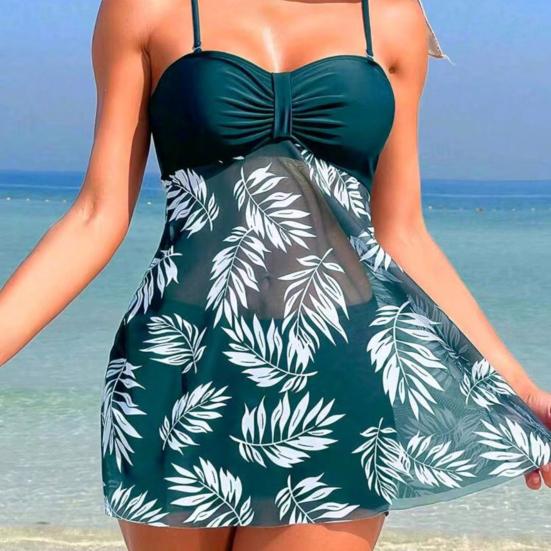 2Pcs/Set Women Summer Swimsuit Set Adjustable Straps Print Mesh Hem Bandeau Tops