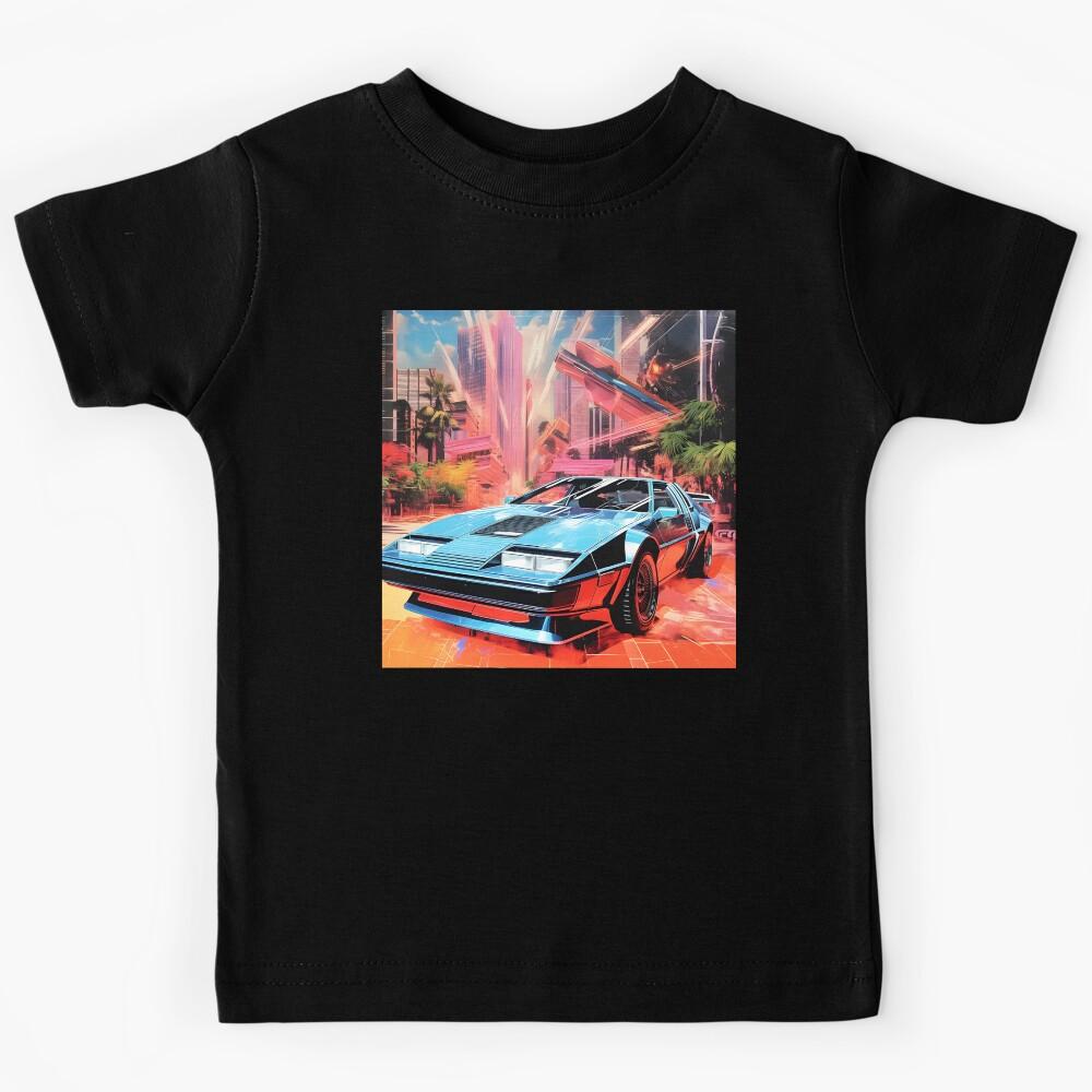 Metallic Color Retro Futuristic Sports Car and Collage Style City Landscape Kids T-Shirt