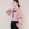 Plus Size Women's Short-sleeved Chiffon Shirt Women's Belly-covering Flared Sleeve Shirt Lotus Leaf Neckline Lotus Bow Knot Elegant Temperament
