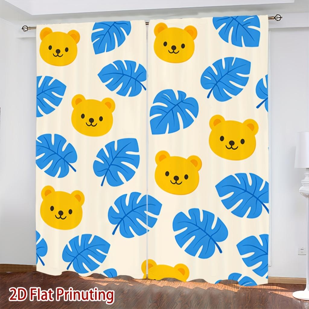 Cute Yellow Bear & Blue Monstera Leaf Curtains Set of 2 Rod Pocket Light Filtering Privacy Curtains for Kids Room Living Room