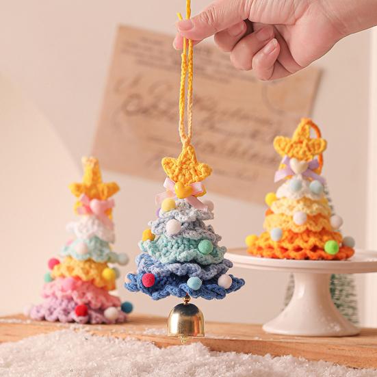 Knitted Christmas Tree Ornaments Mini Crochet Christmas Tree Hanging Pendant with Gold Jingle Bell for Holiday Home Party Decoration