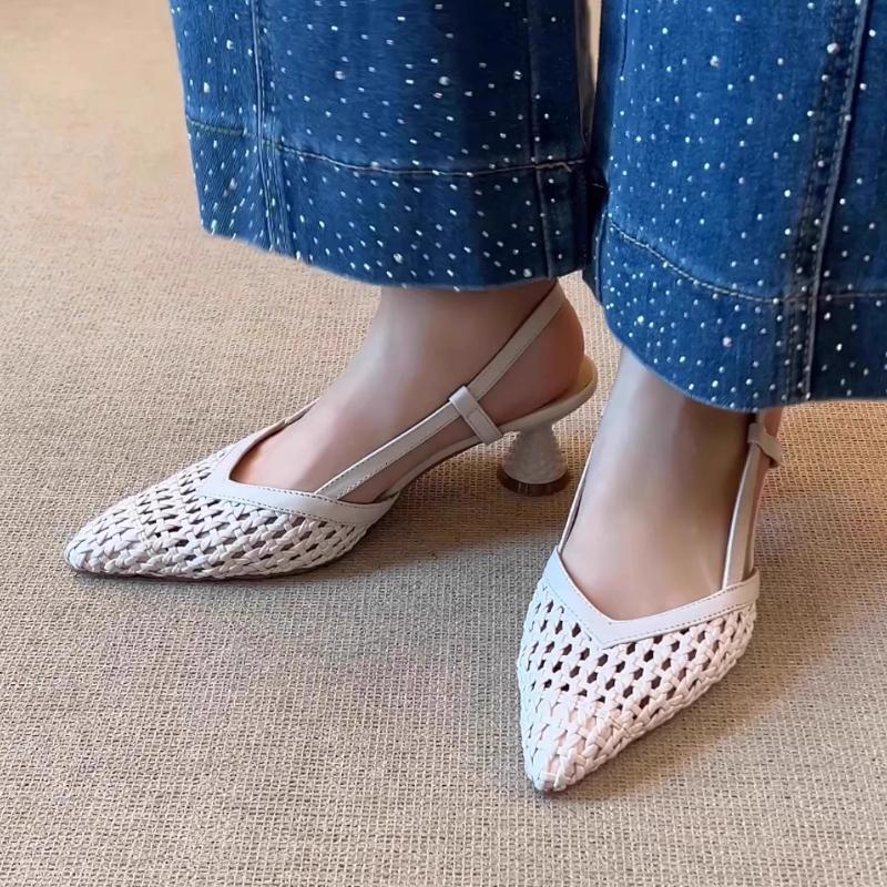 Fashion Women Sandals Temperament Pointed Toe Woven Hollow Shoes Breathable Rear Empty High Heels Sandals Baotou One-word Strap Sandals