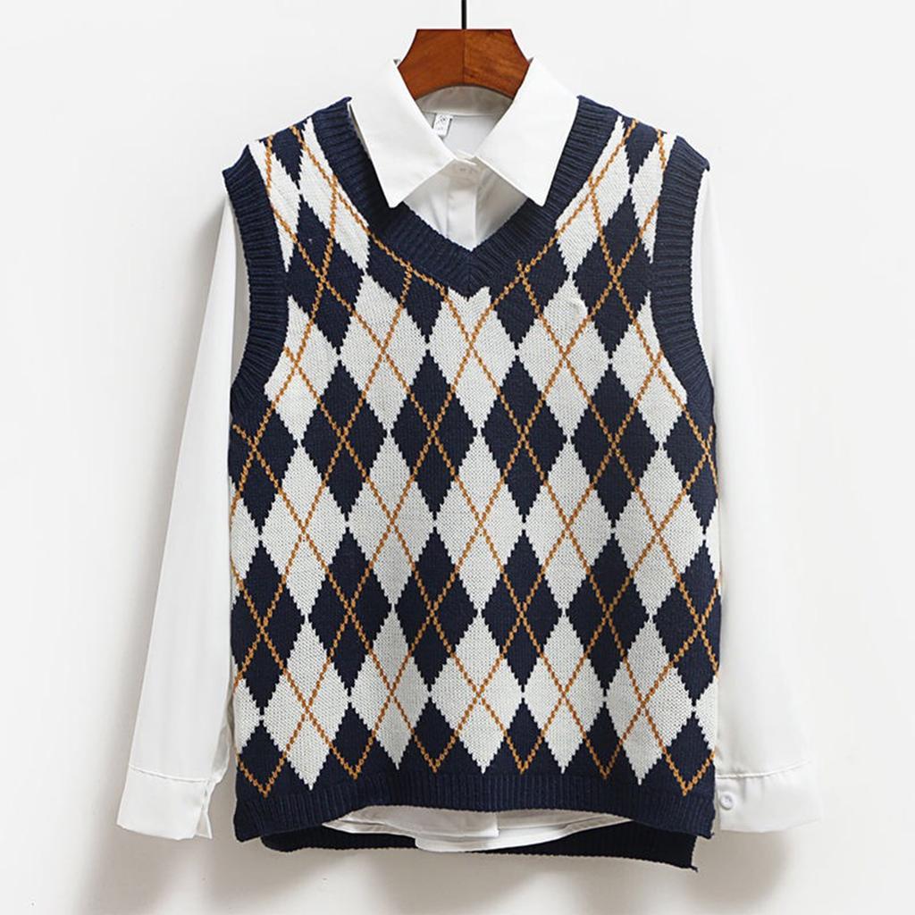 Women's Fashion Diamond Plaid Sleeveless V,neck Loose Student College Knitted Sweater Vest