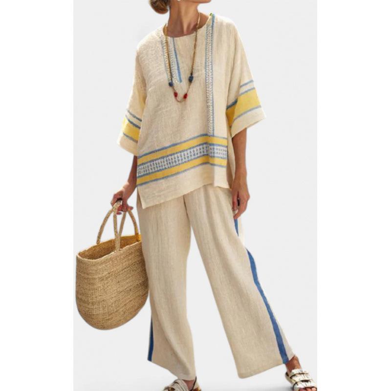 European and American summer women's clothing new 1D printing striped color matching medium-sleeved round neck top straight casual suit