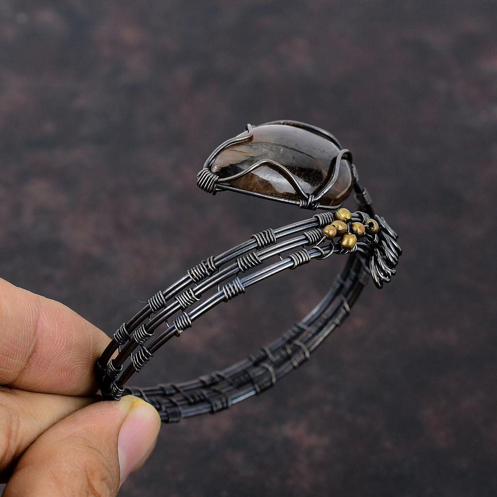 Браслет-манжета из драгоценного камня хиастолита, браслет-манжета из медной проволоки, браслет ручной работы, регулируемый браслет для подарка, ювелирные изделия из медной проволоки