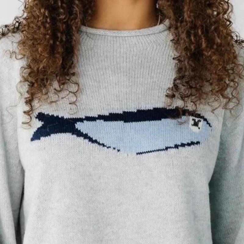 European and American countryside style small fish jacquard round neck women's loose and lazy pullover knitted sweater