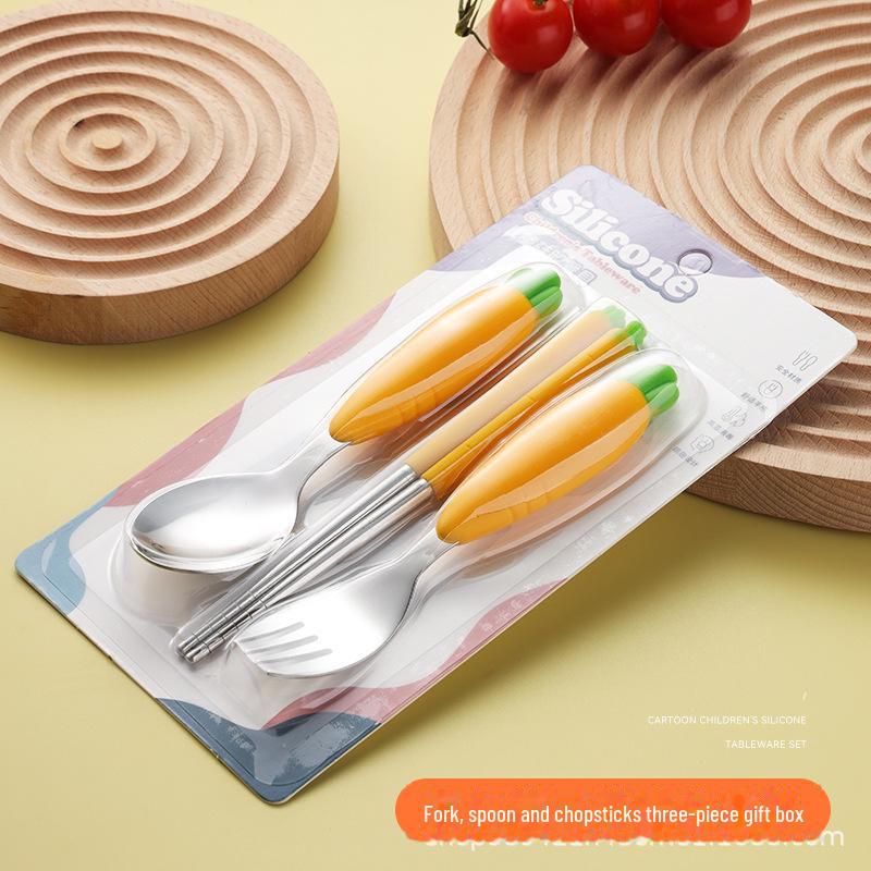 Набор детской столовой посуды из силикона и нержавеющей стали 304 с морковной тематикой: Ложка, вилка и палочки для детского питания