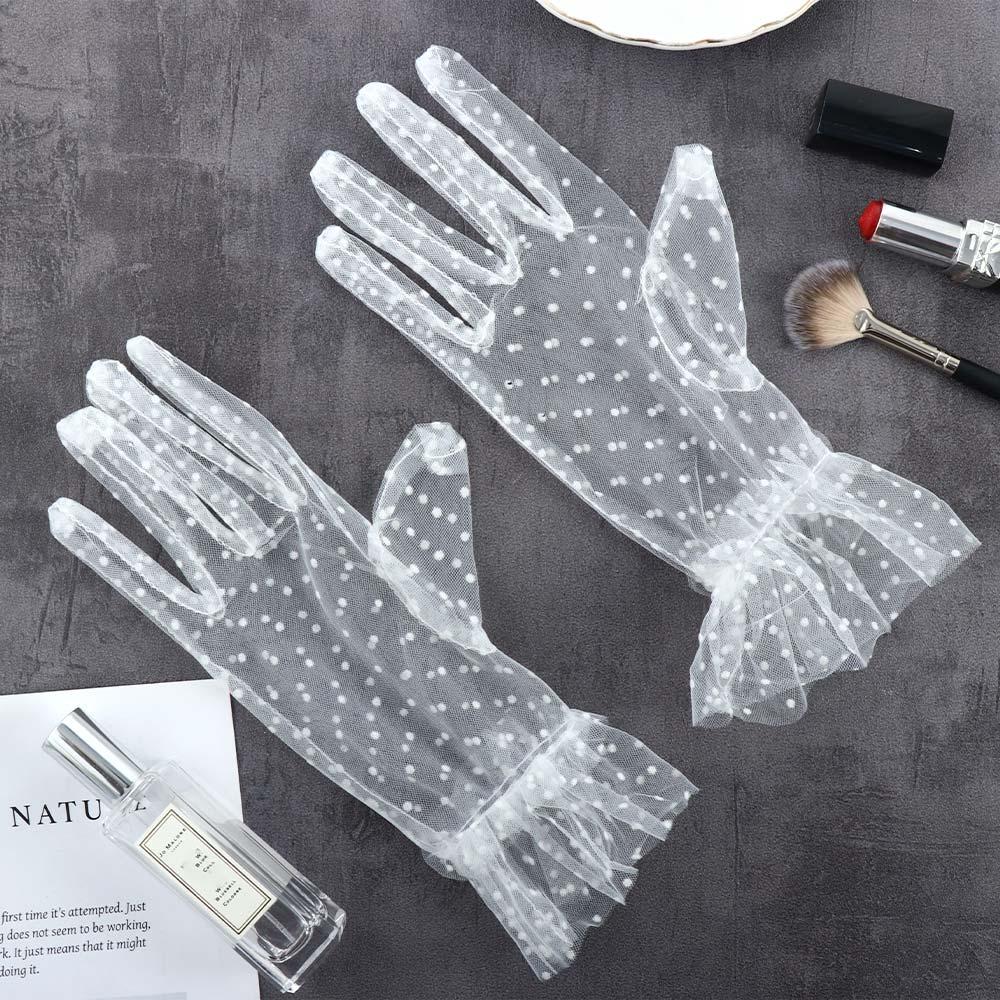 Stretchy Sheers Full Finger Lotus Leaf Korean Style Women Lace Gloves Lace Gloves Polka Dot Gloves