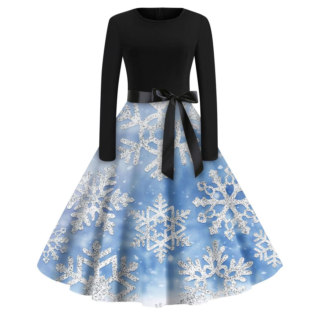 Женская мода с круглым вырезом, повседневные тонкие рождественские платья с длинным рукавом и принтом