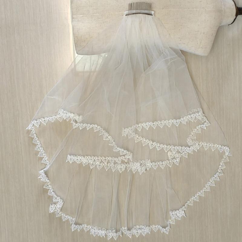 Длинная фата невесты из тюля с кружевной отделкой в виде сердец и гребнем для фиксации в волосах, аксессуары для свадебной вечеринки