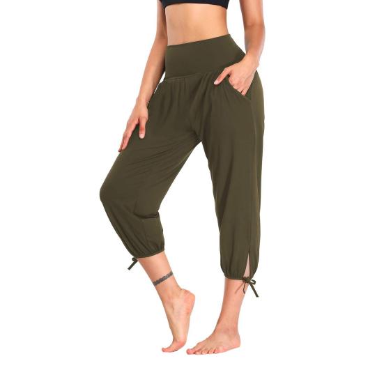 Женские укороченные брюки с эластичным поясом, повседневные брюки с карманами, шнуровкой на манжетах, однотонные брюки для бега и велоспорта