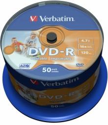 DVD-R VERBATIM 4.7GB, 120min, viteza 16x, 50 buc, Single Layer, spindle, printabil, "Wide Inkjet Printable" "43533"