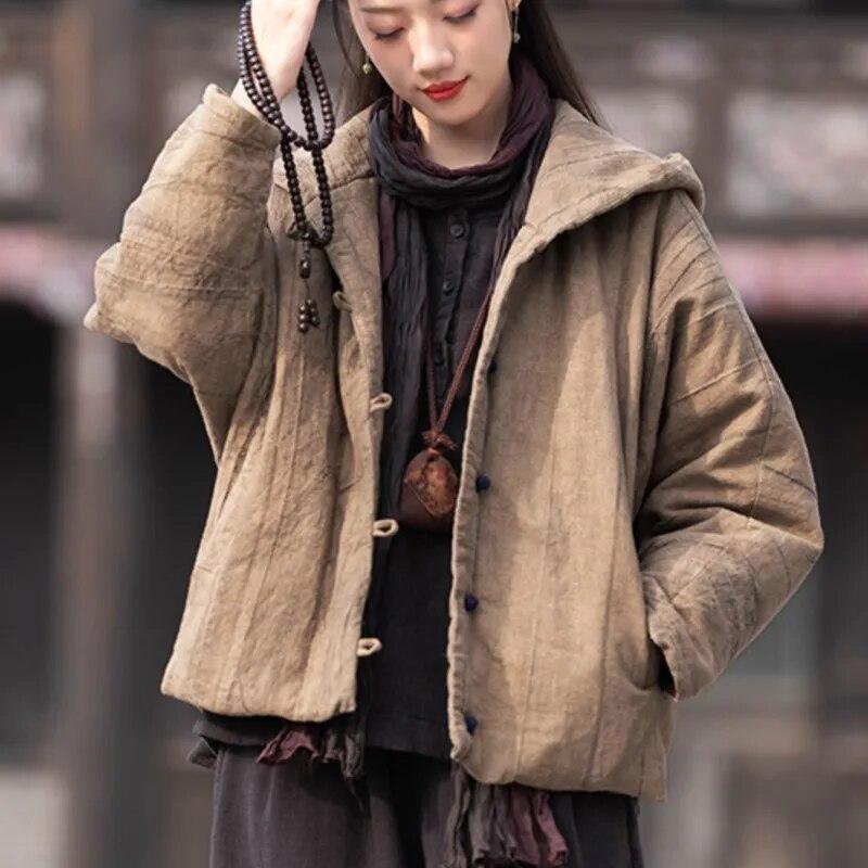 Johnature Women Vintage Cotton Hooded Parkas Button Long Sleeve Warm Coats Winter Chinese Style Women Parkas