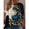 Flower Pattern 3D Printed Top Casual Long Sleeved Women's T-shirts - Soft Medium Stretch Polyester Fabric Spring and Autumn Relaxed Fit Clothing