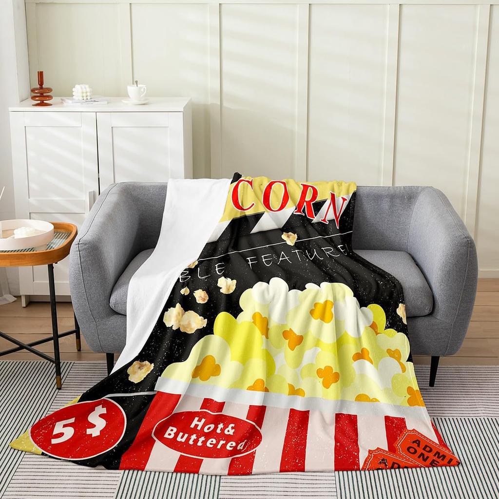 Movie Night Popcorn Printed Blanket for Sofa Bed Travel Camping Living Room Office Conditioning Blanket for All Seasons Gifts