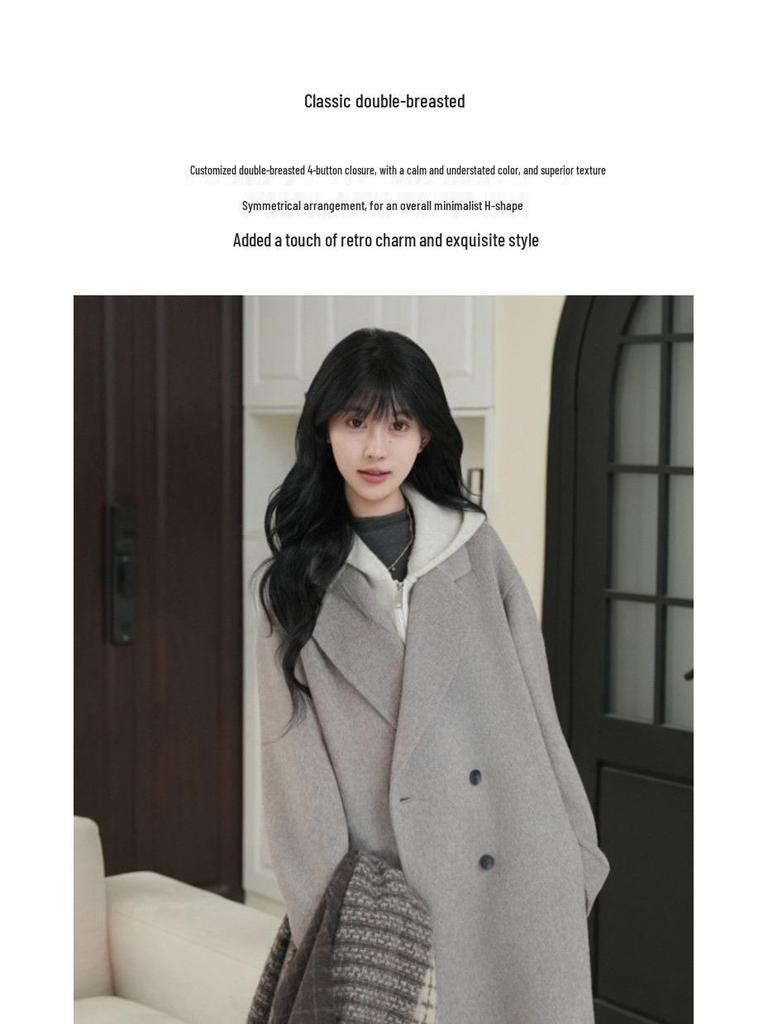 Двустороннее шерстяное пальто в корейском стиле: Элегантная, Универсальная, Свободного кроя, Длинная женская верхняя одежда для осени и зимы