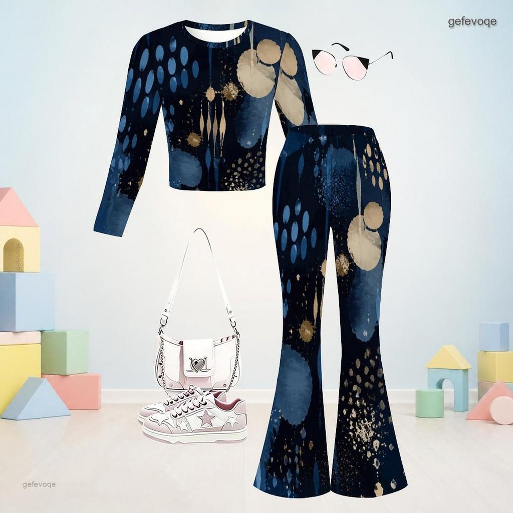 Girls Dark Blue Printed Round Neck Long Sleeve Top And Flared Pants Two Piece Set