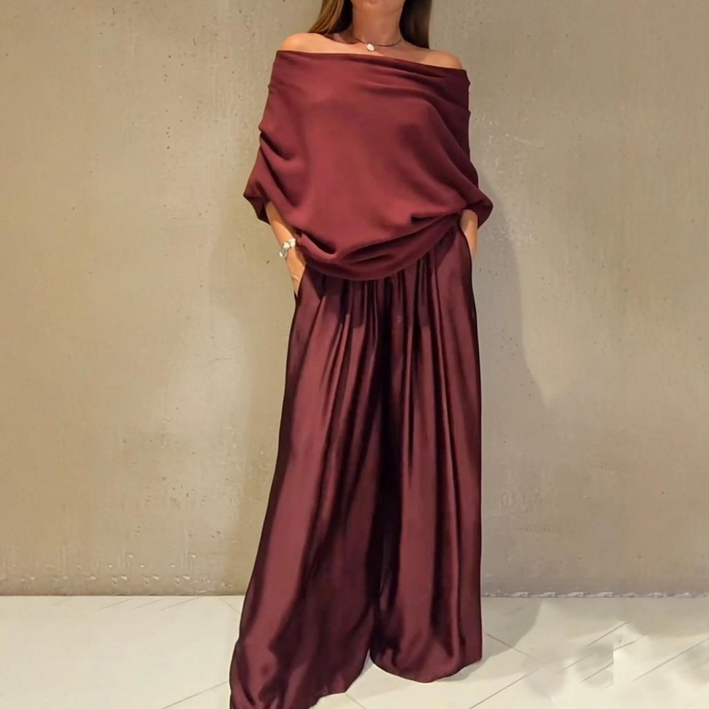 An Elegant Off-the-shoulder Top Paired with A Satin Wide-leg Pants Two-piece Set