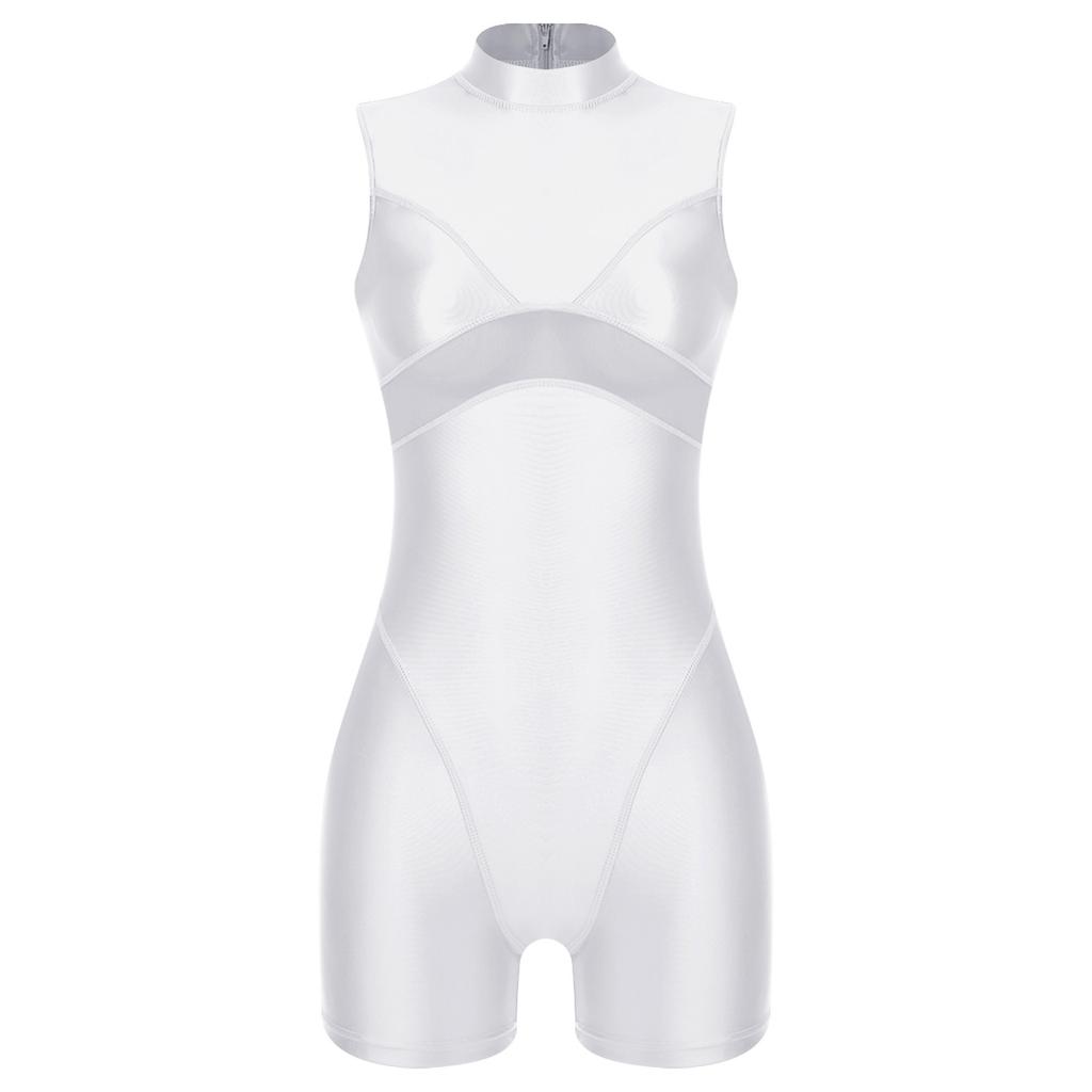 Womens Oil Shiny Bodysuit Swimwear Sheer Mesh Patchwork Mock Neck Sleeveless Back Zipper Boxer Bottom