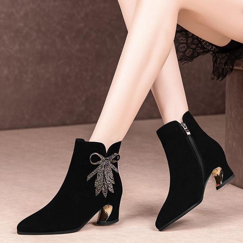 NEW Chelsea Classic Rhinestone Flowers Frosted Leather Shoes Fashion Boots Large Size High Heel Autumn Winter Women Boots