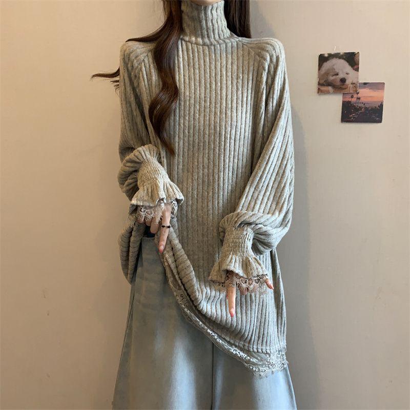 Женский пуловер большого размера в стиле ретро с кружевом под горло и пайетками - осенне-зимний базовый слой до бедер