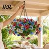 Decorative Flower Basket Artificial Hanging with for Outdoors, 4th of July Patriotic Faux Violet Flowers Flowers, UV Resistant Fake Plants