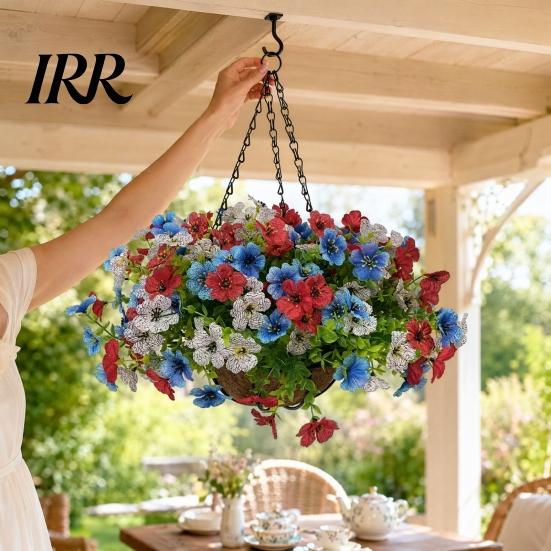 Decorative Flower Basket Artificial Hanging with for Outdoors, 4th of July Patriotic Faux Violet Flowers Flowers, UV Resistant Fake Plants