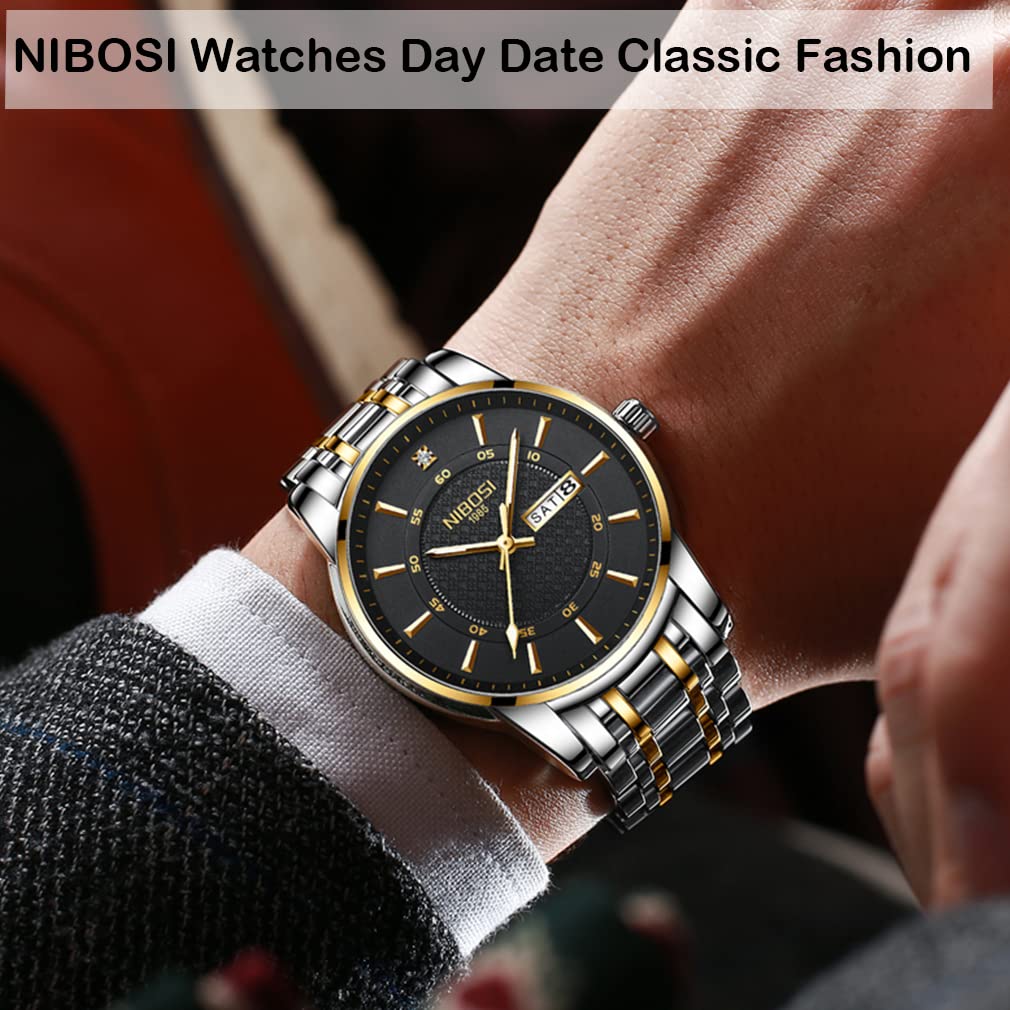 Часы NIBOSI Business Arm Watch, водонепроницаемые, аналоговые, стильные, с металлическим ремешком, классические, из нержавеющей стали, повседневные, с текущей датой, с днем недели, флуоресцентные