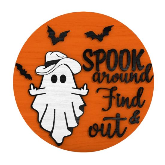 Halloween Ghost Door Sign Spook Around Find Out Welcome Sign Front Porch Hanging Wooden Plaque for Home Window Wall Decor