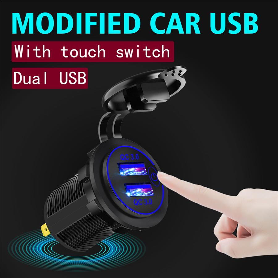 12V-24V Car Cigarette Lighter Socket Dual QC3.0 Charge USB Car Charger with Wire and Terminal for Car Motorcycle Boat Modified