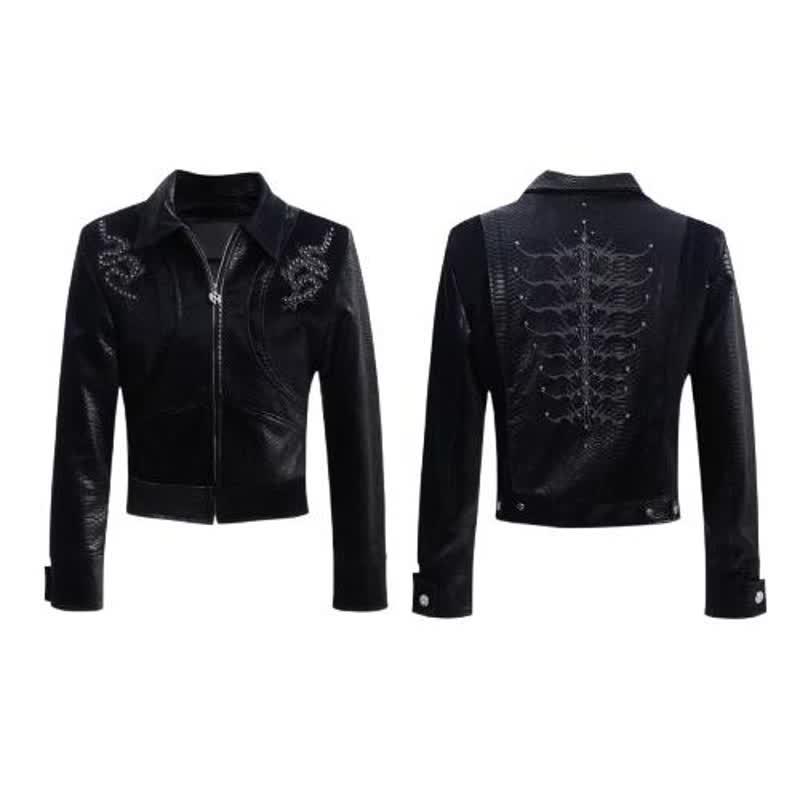 Мужская модная темная кожаная мотоциклетная куртка с заклепками и пэчворком под змеиную кожу