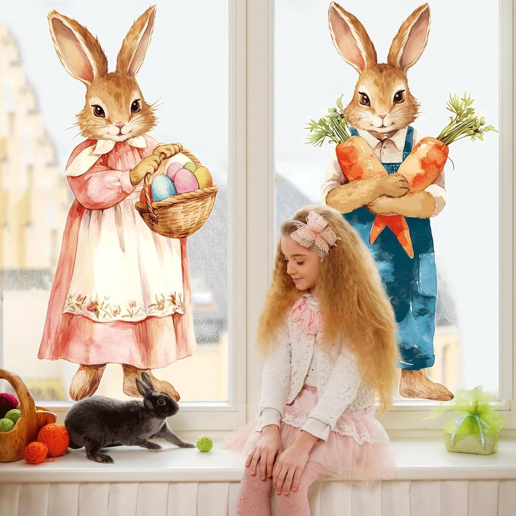 CHUNNIN 2Pcs Extra Large Easter Bunny Window Clings Spring Easter Window Decorations Vintage Easter Window Stickers Farmhouse Rustic Rabbit Carrots