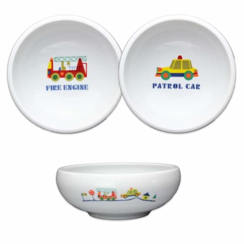 Colorful Living Children's Dinnerware Set of 2, Easy-Scoop Bowls, 13.8cm Diameter, 450ml, Police Car and Fire Engine Designs, Baby Dinnerware for Kids