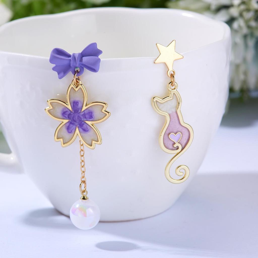Chinese Fox Mask Folding Fan Asymmetrical Long Tassel Earrings For Women Girls Cherry Blossom Ear Hook Christmas Jewelry