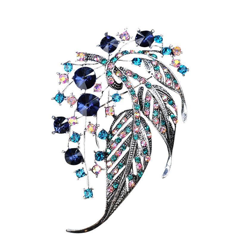 Vintage Rainbow Hollow Out Leaves Brooches for Women Elegant Silver Color Plant Brooch Safety Pins