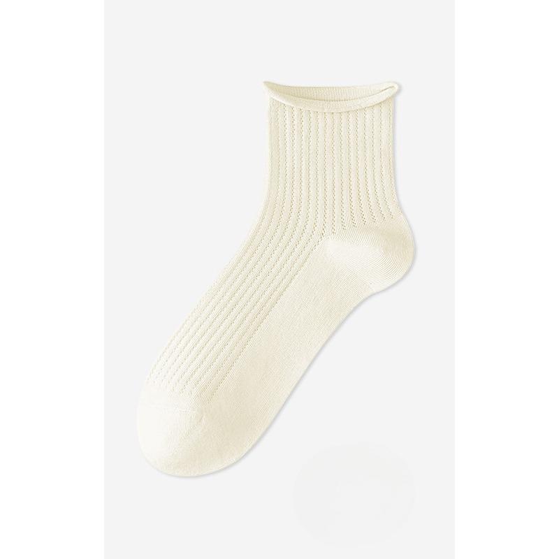 Rolled-up Socks, Autumn Women's Thin Mid-calf Socks, Antibacterial Pure Cotton Socks, Breathable, Sweat-absorbing, Deodorizing and Versatile Socks