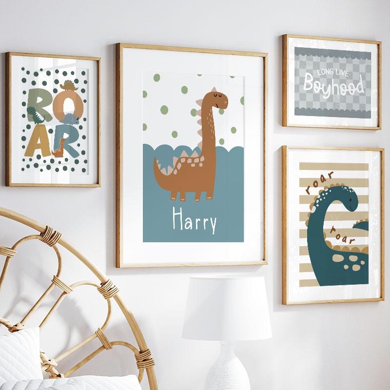 Мультфильм динозавр индивидуальный детский имя настенное искусство холст картина скандинавский динозавр плакаты и принты настенные картины дети декор детской комнаты