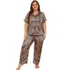 Women’s Sleeping Suits Imitation Silk Plus Size Short Sleeves Button Up Tops and Long Pants Stain Leopard Pajamas Summer Autumn Home Night Lounge Wear