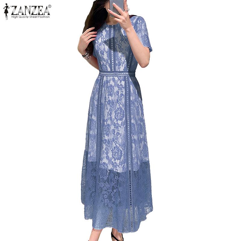 ZANZEA Women Casual Round Neck Short Sleeve Summer Lace Patchwork Dress
