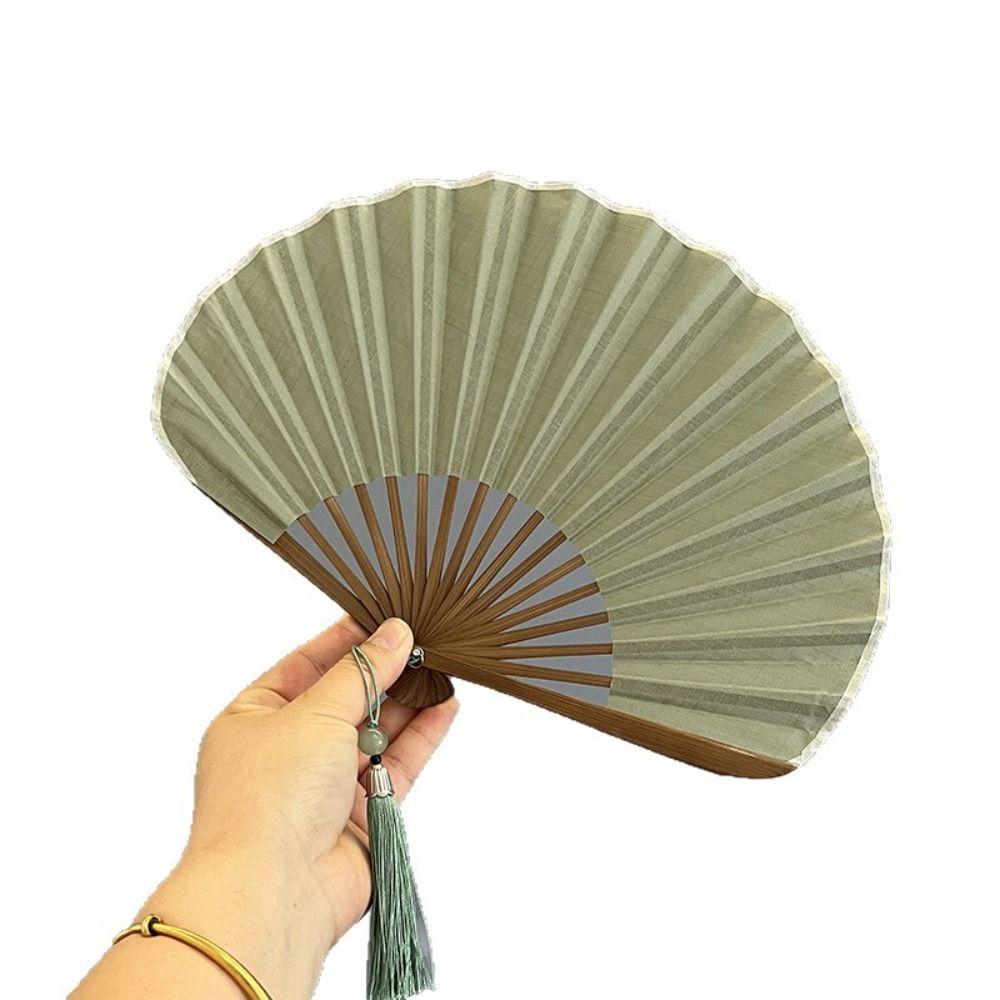 Cotton Linen Cloth Folding Hand Fan Bamboo Frame Solid Color Retro Handheld Fan Decoration with Tassel Mini Shell Fan
