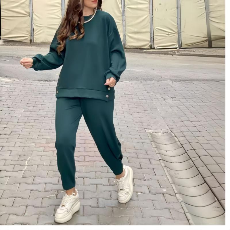 INDFS Women's Fashion Casual Spring Fall Solid Color Print Long Sleeve O-Neck Blouses & Shirts Trousers Pants Suits