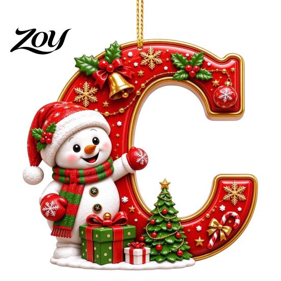 Indoor Holiday Decorations Cute Snowman Letter Christmas Ornament, 2D Flat Personalized A-Z Alphabet Clear Pattern Hanging Decor Acrylic Pendant