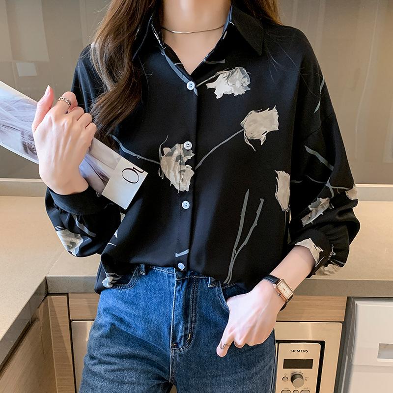 Spring Women's Shirt Long Sleeved Rose Printed Western-style Oversized Chiffon Shirt Long Sleeved Top