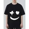 Black T Shirt with White Brush Stroke Smile Face Print for Casual Wear